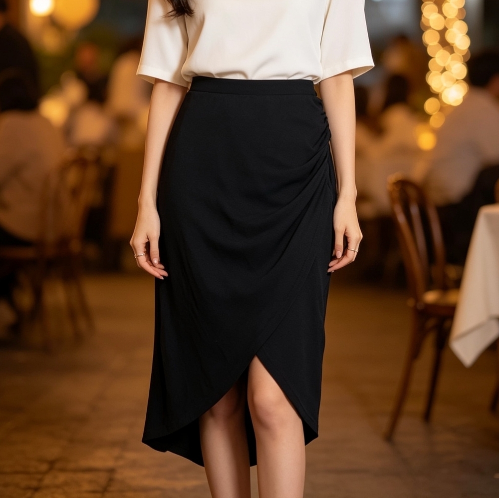 Nine Black Asymmetrical Skirt Size M Draped Midi Elegant Stretch Work Office